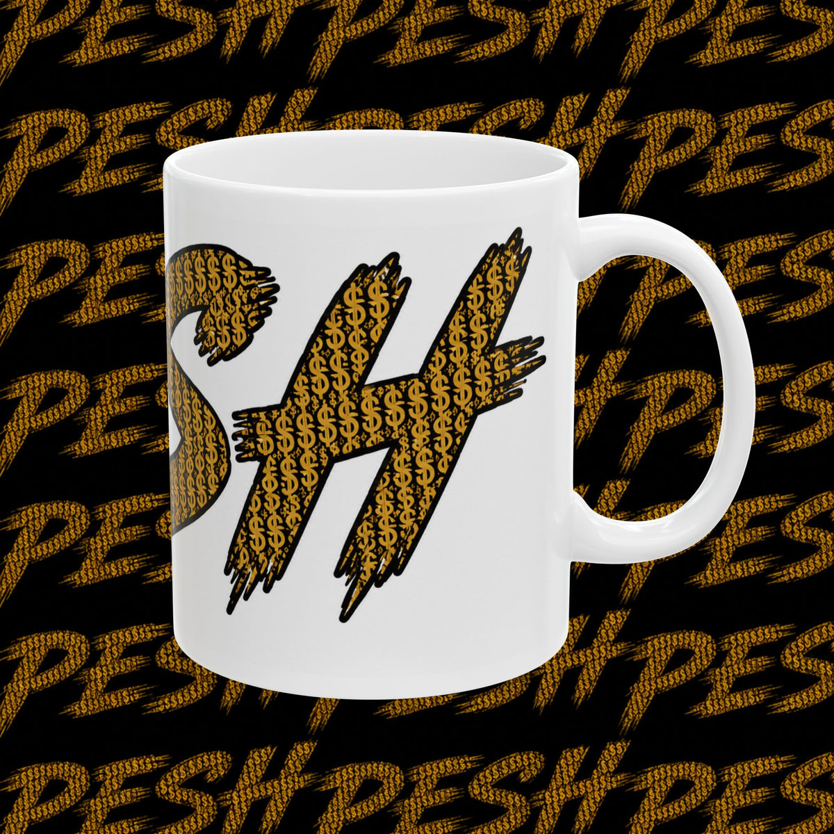 Mug — Bold 'PESH' Money Print Graphic Ceramic Coffee Cup (11oz & 15oz)