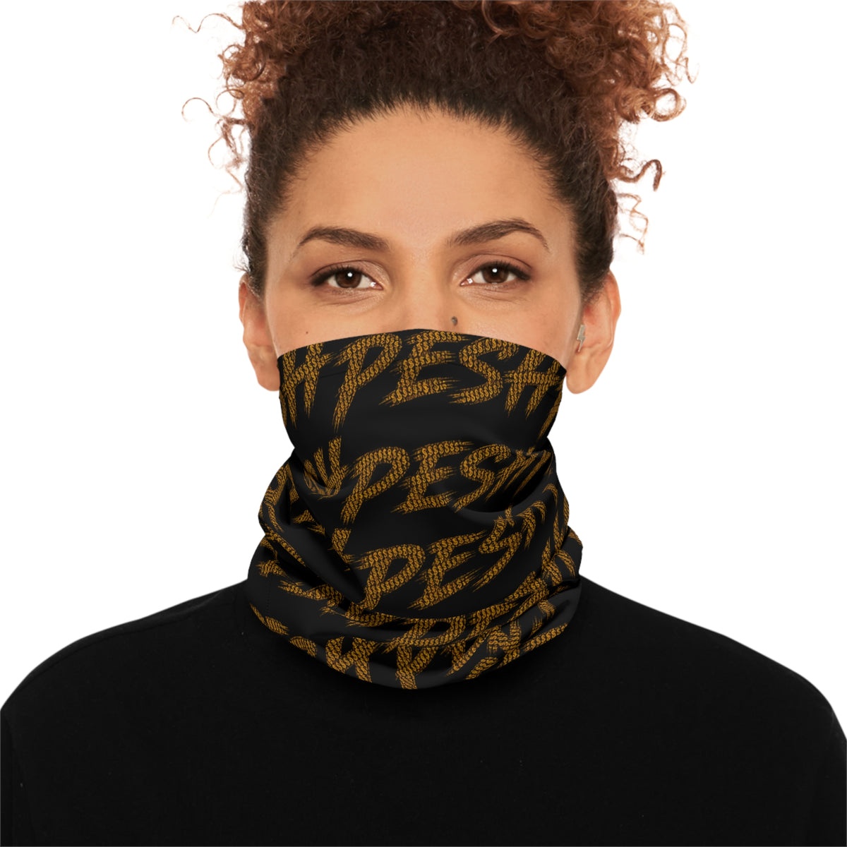 GOLD "PESH" Neck Gaiter — Repeating 'PESH' Pattern in Black & Gold